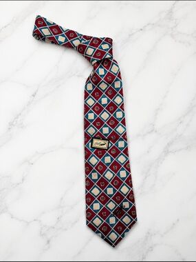 Vintage Crocodile Silk Tie Geometric Red Teal Diamond Pattern Retro Taiwan